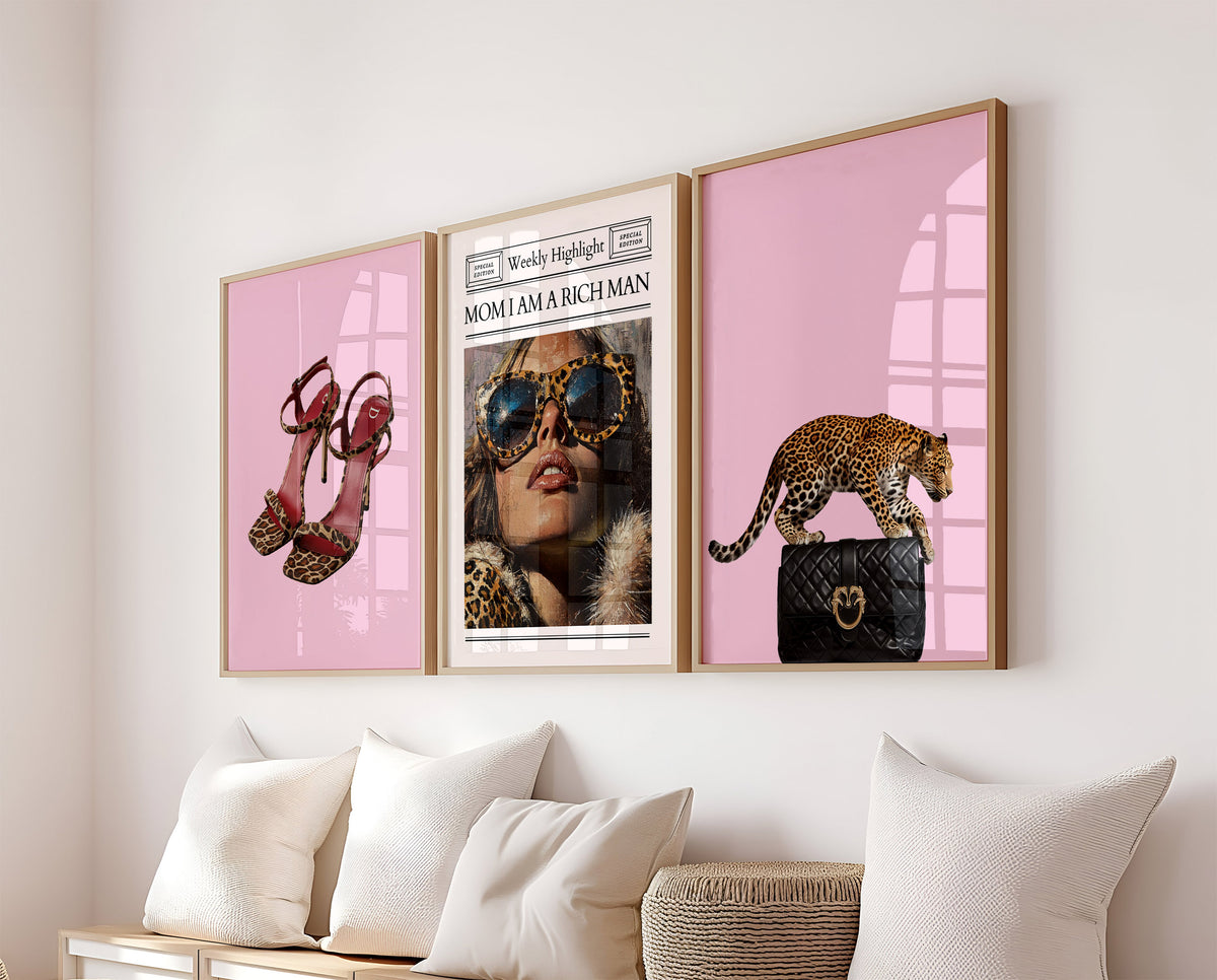 Set Of 3 Wall Art Prints Leopard Newspaper Headline It Girl