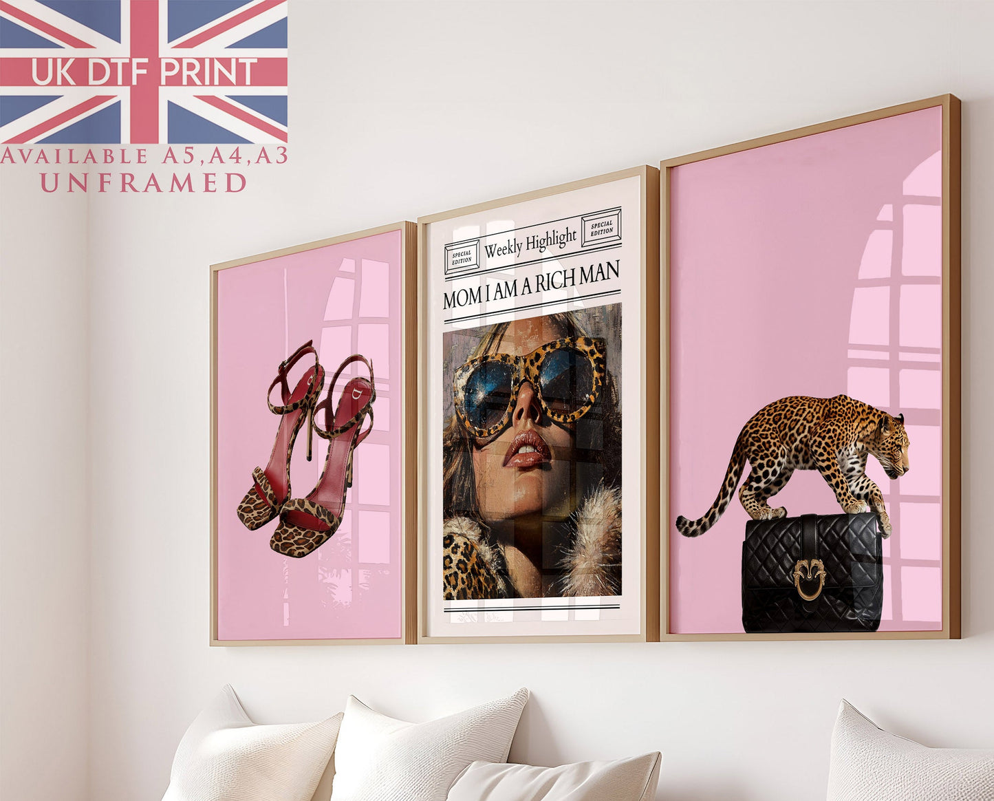 Set Of 3 Wall Art Prints Leopard Newspaper Headline It Girl