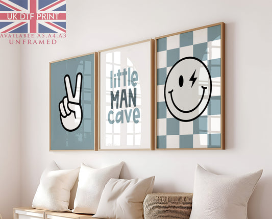 Set Of 3 Wall Art Blue Little Man