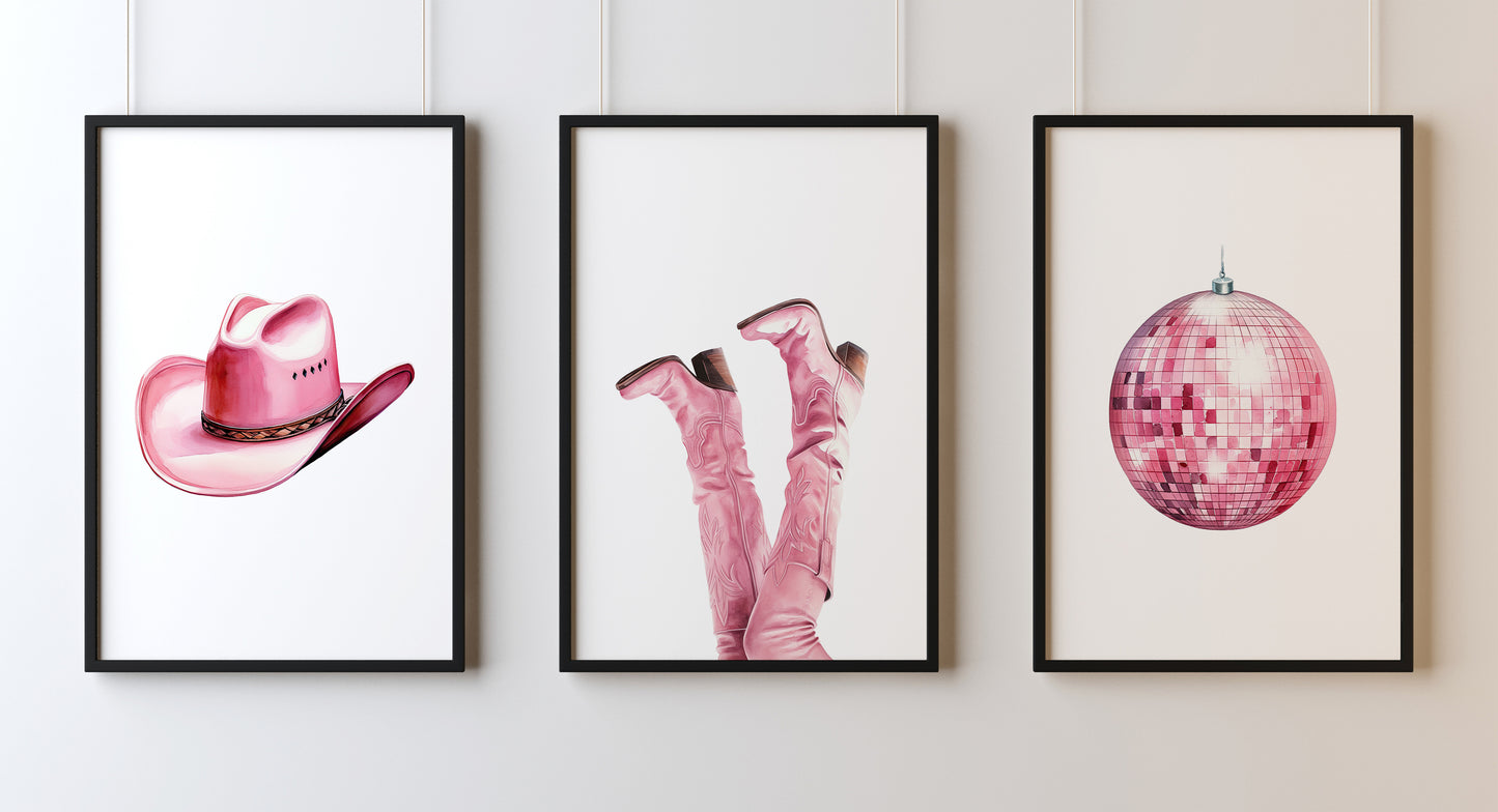 Set Of 3 Wall Art Prints Pink Cowgirl Boots