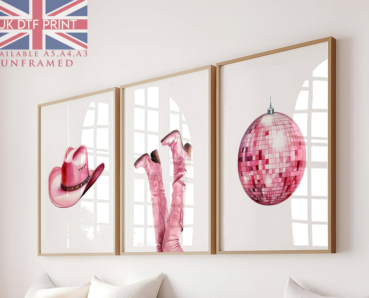 Set Of 3 Wall Art Prints Pink Cowgirl Boots