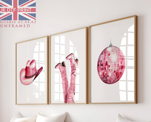 Set Of 3 Wall Art Prints Pink Cowgirl Boots