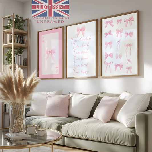 Set Of 3 Wall Art Prints Preppy Pink I Am Cherished Pink Bow