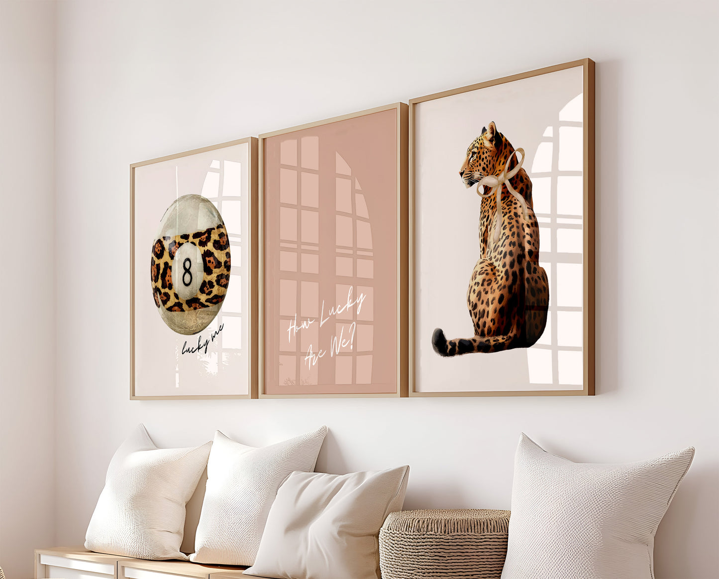 Set Of 3 Wall Art Prints Preppy Leopard Print Lucky 8 Ball Beige