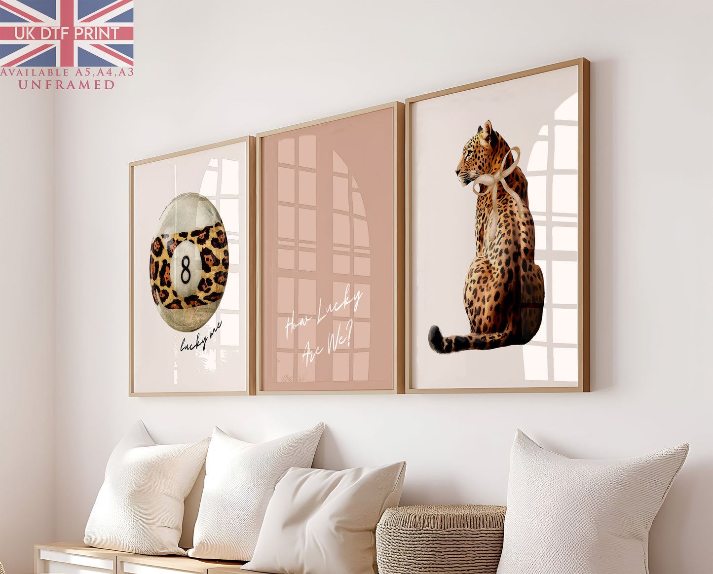 Set Of 3 Wall Art Prints Preppy Leopard Print Lucky 8 Ball Beige