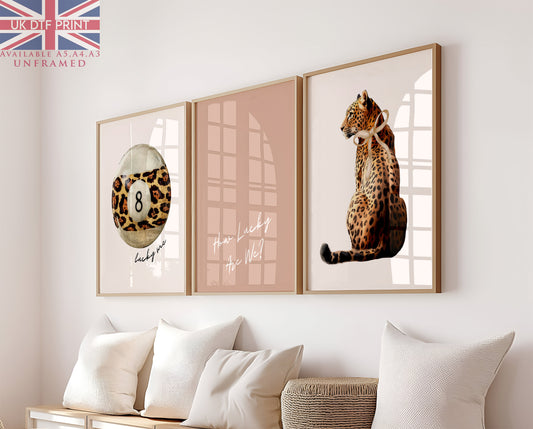 Set Of 3 Wall Art Prints Preppy Leopard Print Lucky 8 Ball Beige