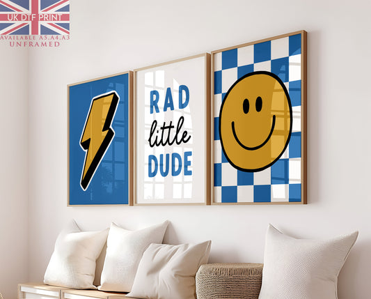 Set Of 3 Wall Art Boys Blue Rad Little Dude