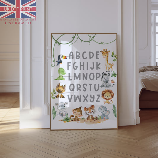 Wall Art Print Nursery Child's Bedroom Safari Animal Alphabet