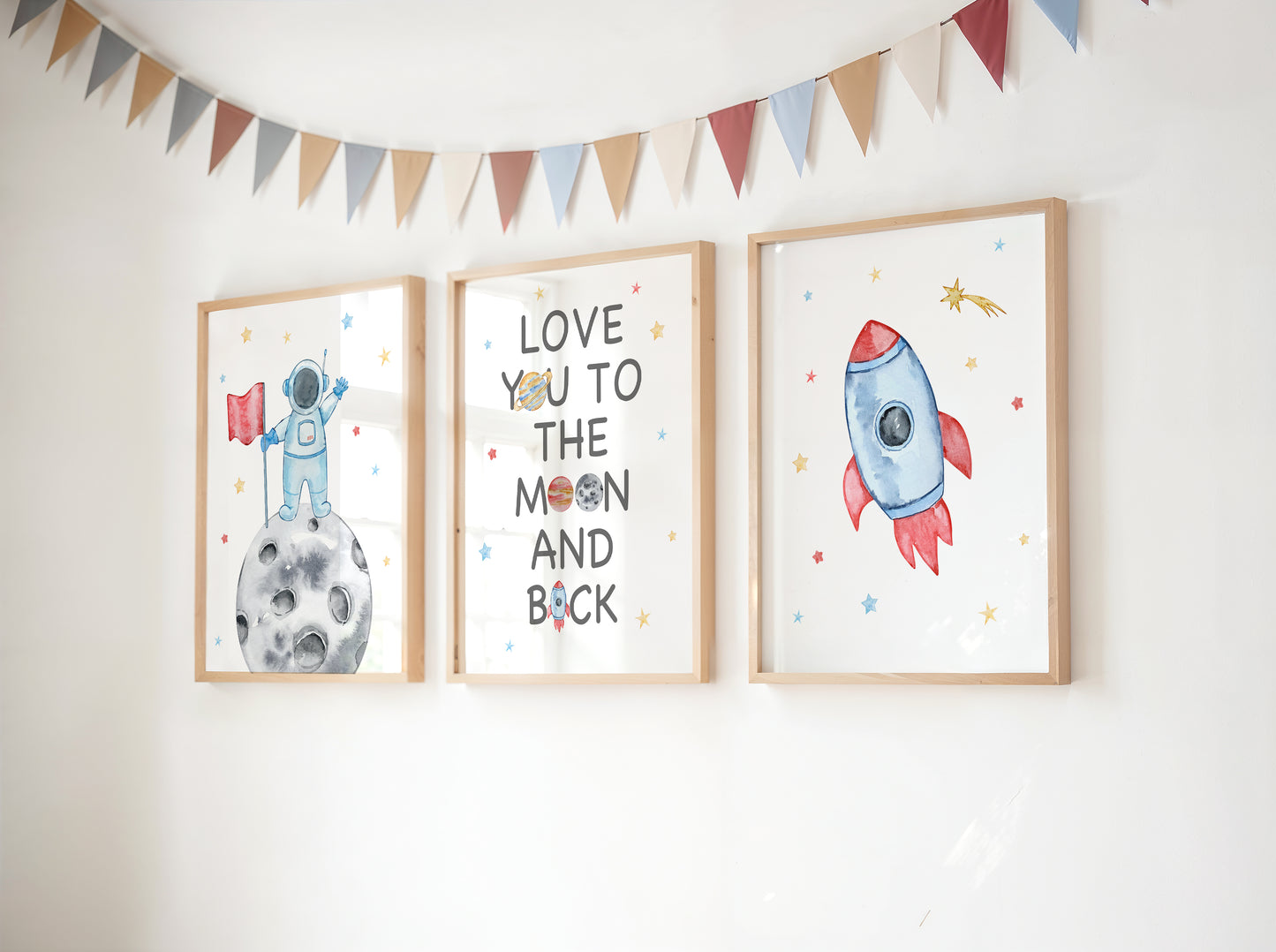 Set Of 3 Wall Art Prints Space Man Love You To The Moon & Back