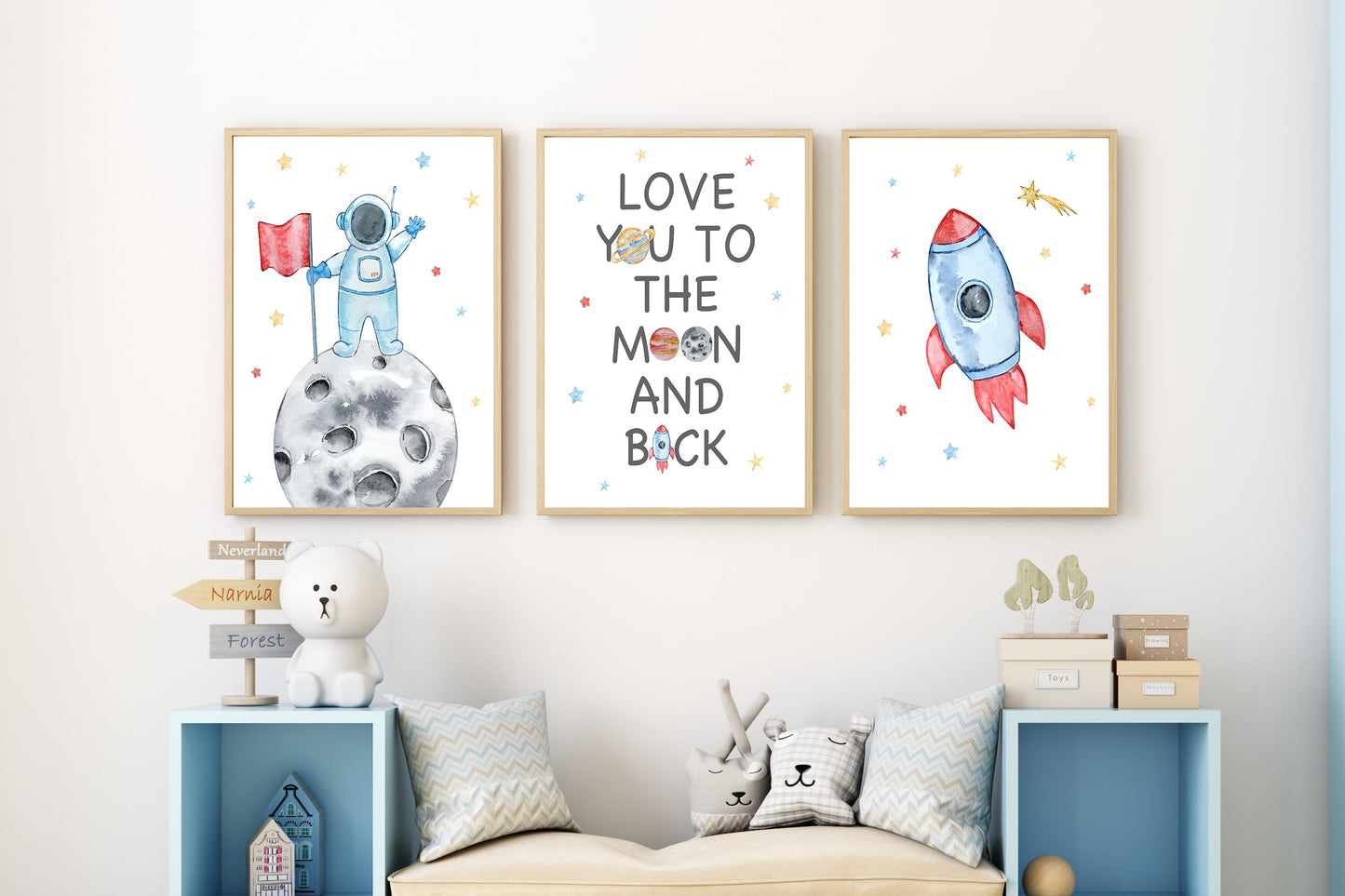 Set Of 3 Wall Art Prints Space Man Love You To The Moon & Back