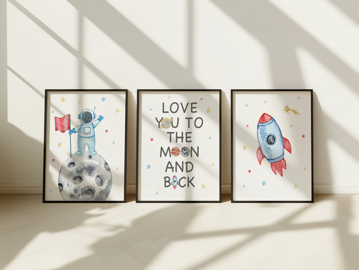 Set Of 3 Wall Art Prints Space Man Love You To The Moon & Back