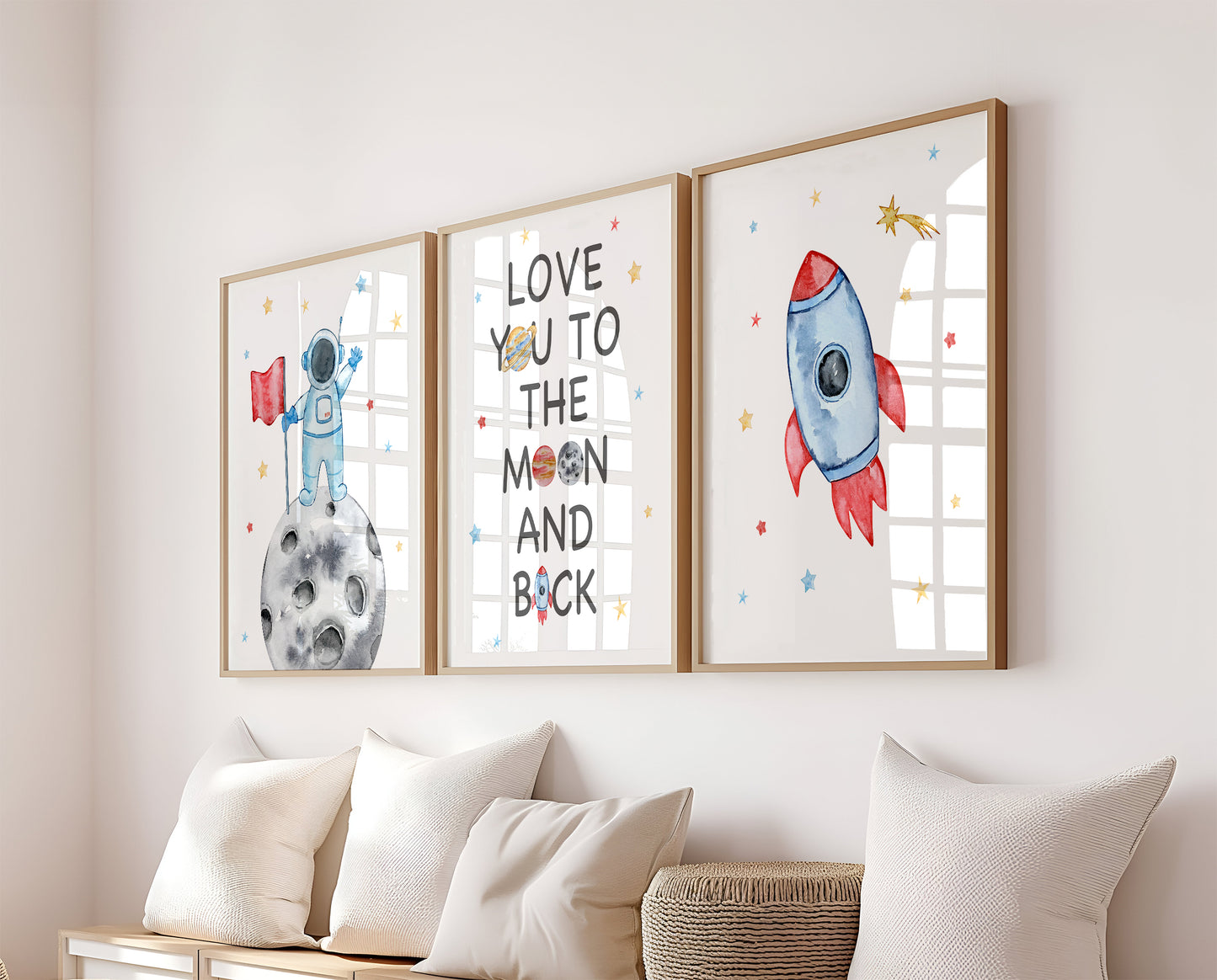 Set Of 3 Wall Art Prints Space Man Love You To The Moon & Back