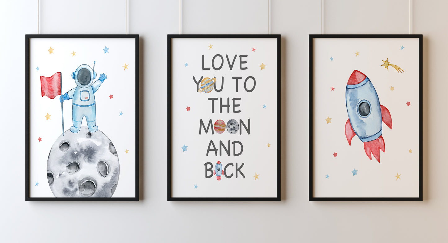 Set Of 3 Wall Art Prints Space Man Love You To The Moon & Back