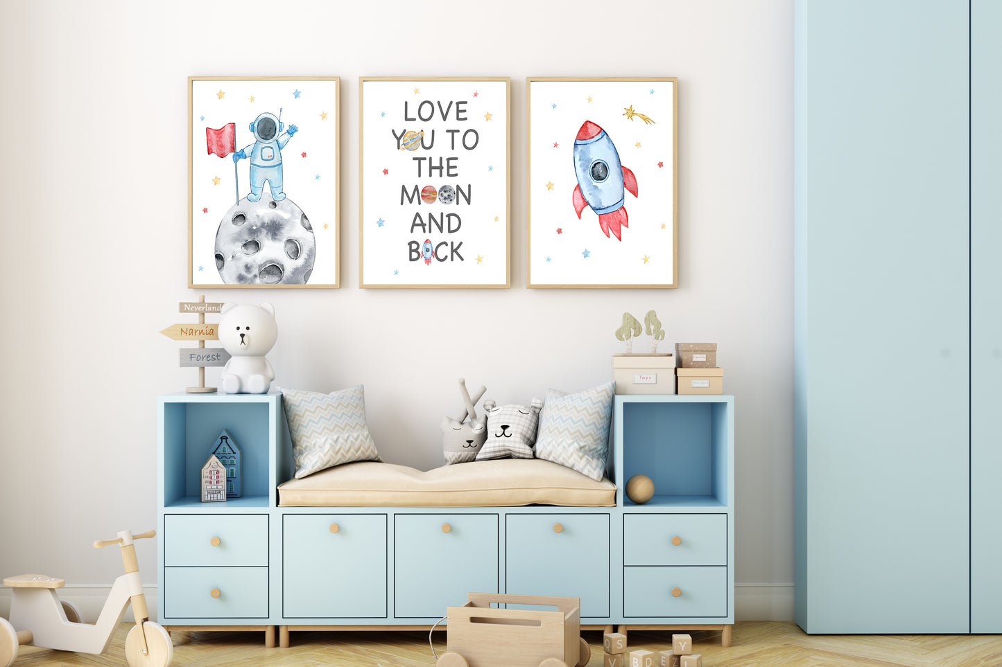 Set Of 3 Wall Art Prints Space Man Love You To The Moon & Back