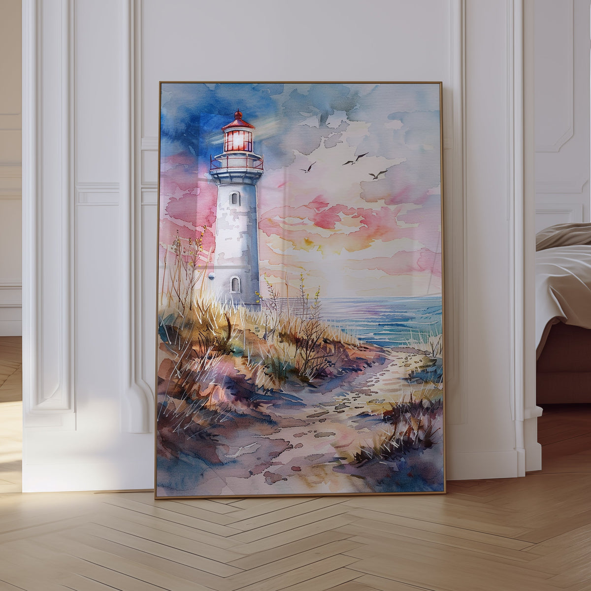 Wall Art Sunset Lighthouse Watercolour Print
