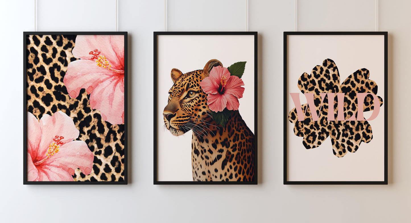 Set Of 3 Wall Art Prints Trendy Wild Leopard Hibiscus Flower