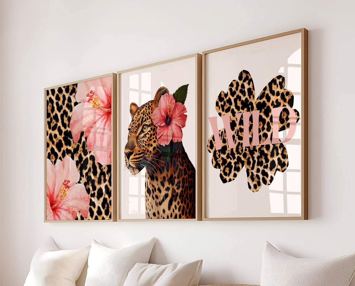 Set Of 3 Wall Art Prints Trendy Wild Leopard Hibiscus Flower