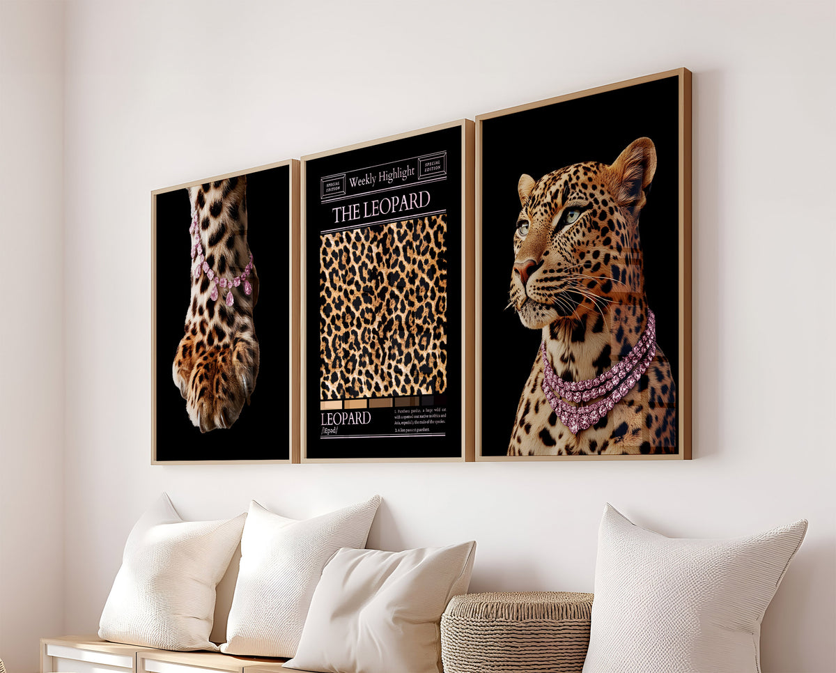 Set Of 3 Wall Art Prints Trendy Leopard Print Pink Diamond