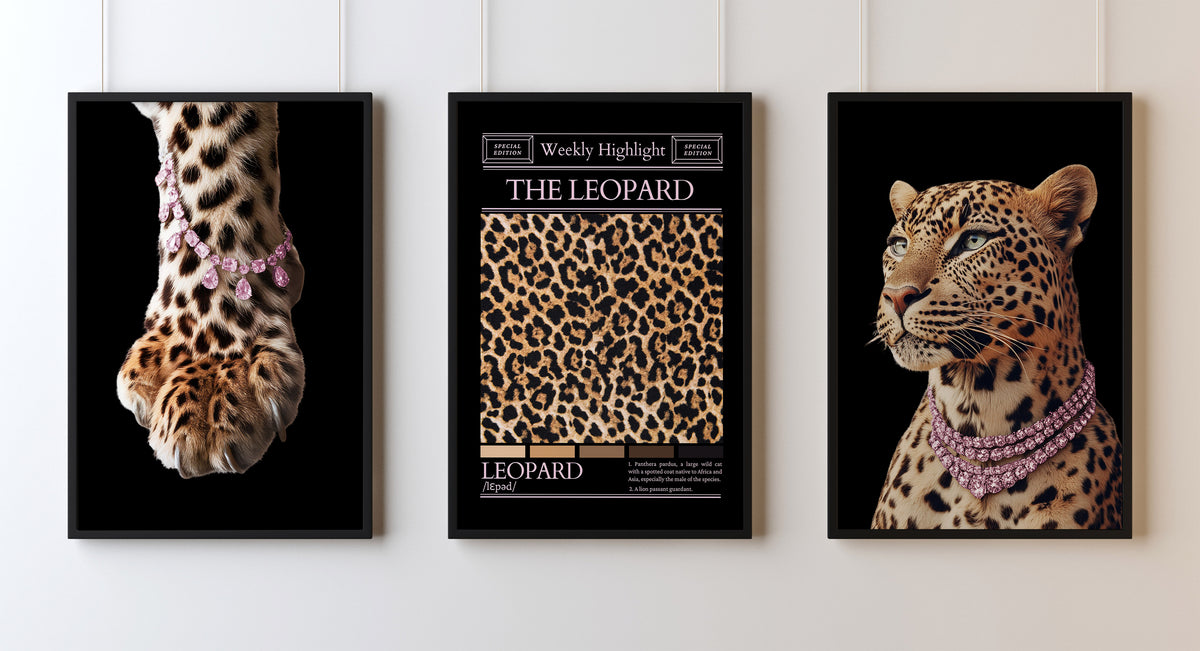 Set Of 3 Wall Art Prints Trendy Leopard Print Pink Diamond