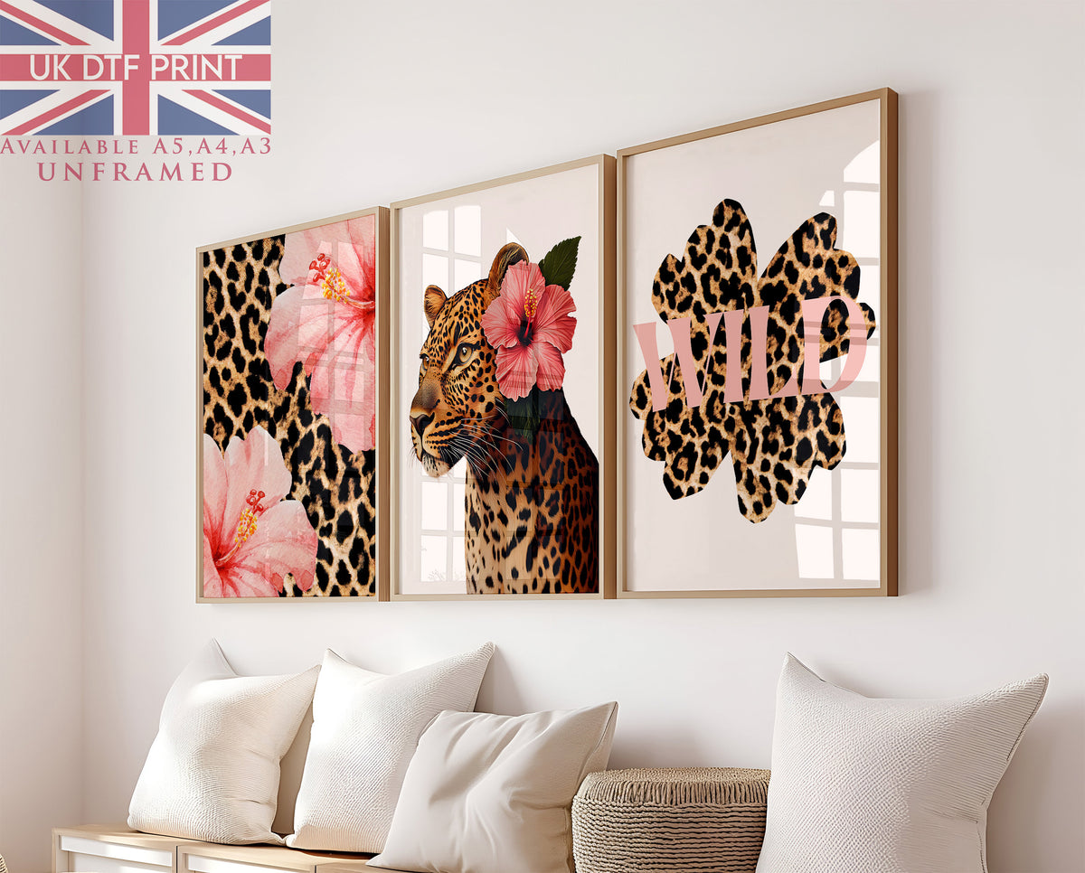 Set Of 3 Wall Art Prints Trendy Wild Leopard Hibiscus Flower