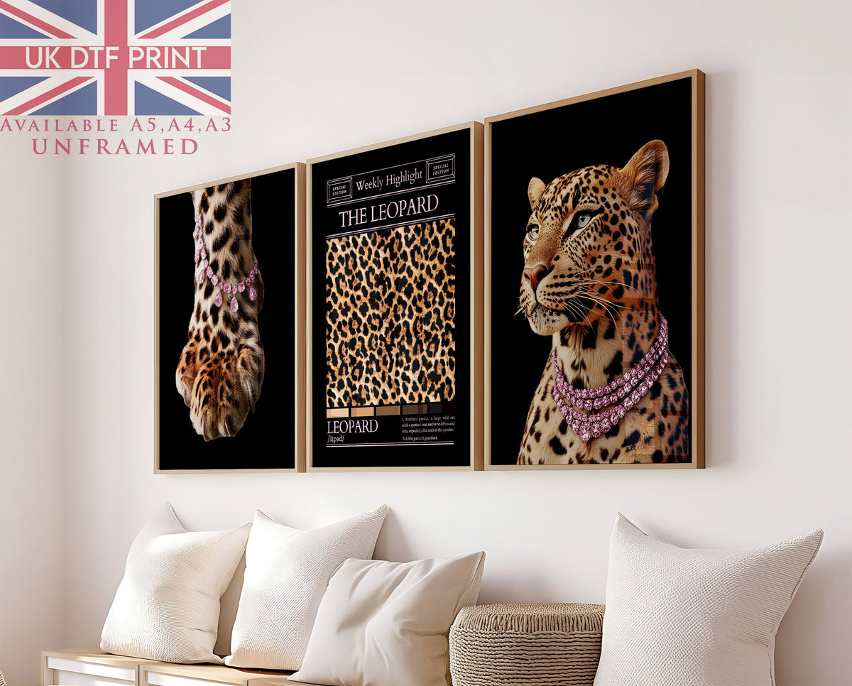 Set Of 3 Wall Art Prints Trendy Leopard Print Pink Diamond