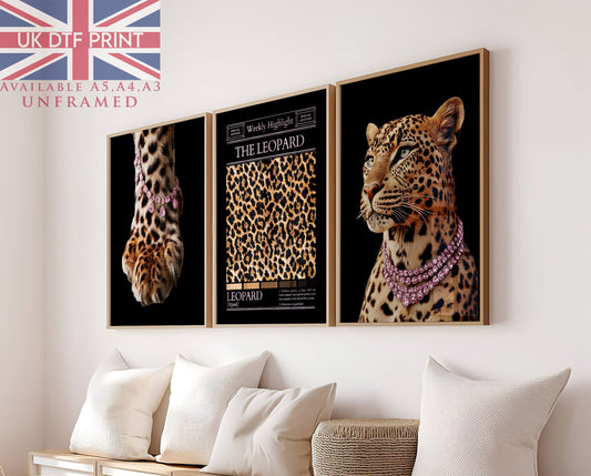 Set Of 3 Wall Art Prints Trendy Leopard Print Pink Diamond