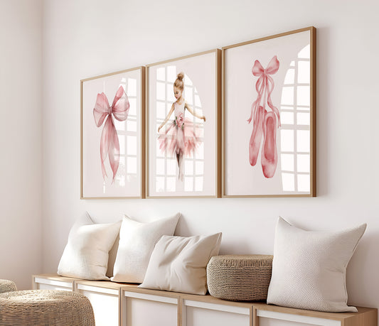 Set Of 3 Wall Art Prints Ballerina Pink Ballet Shoes Bow
