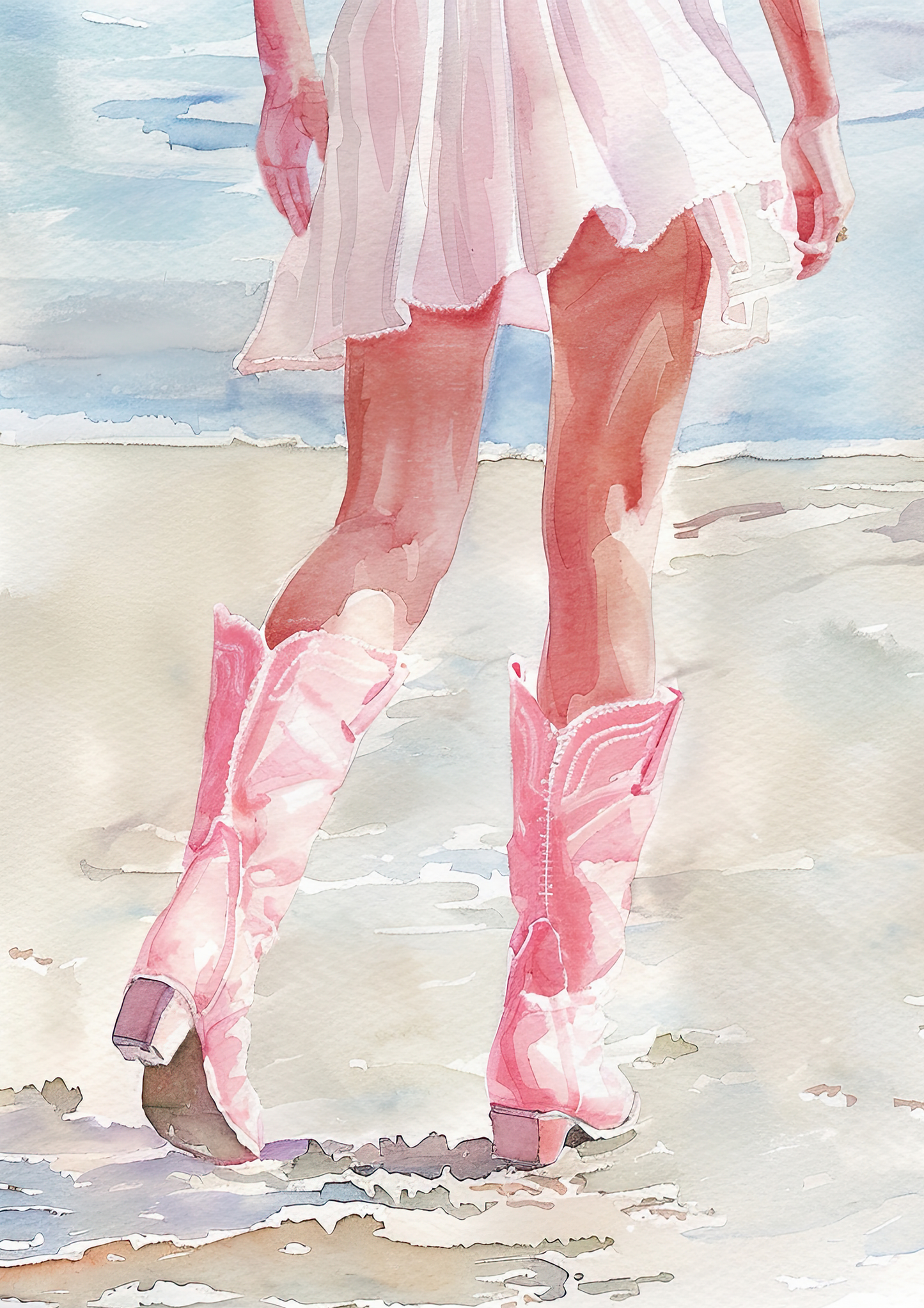 Wall Art Print Pink Cowgirl Boots At The Beach