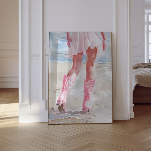 Wall Art Print Pink Cowgirl Boots At The Beach