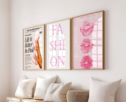 Set Of 3 Wall Art Prints Trendy Pink Fashion New York