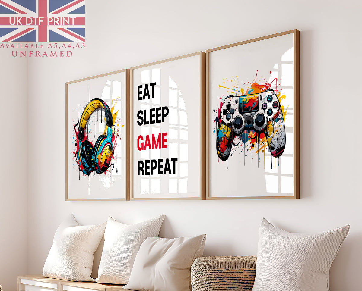 Set Of 3 Wall Art Prints Watercolour Eat Sleep Gaming