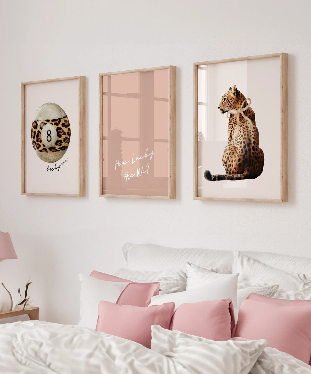Set Of 3 Wall Art Prints Preppy Leopard Print Lucky 8 Ball Beige