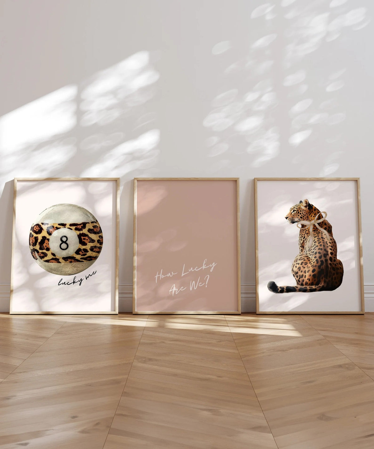 Set Of 3 Wall Art Prints Preppy Leopard Print Lucky 8 Ball Beige