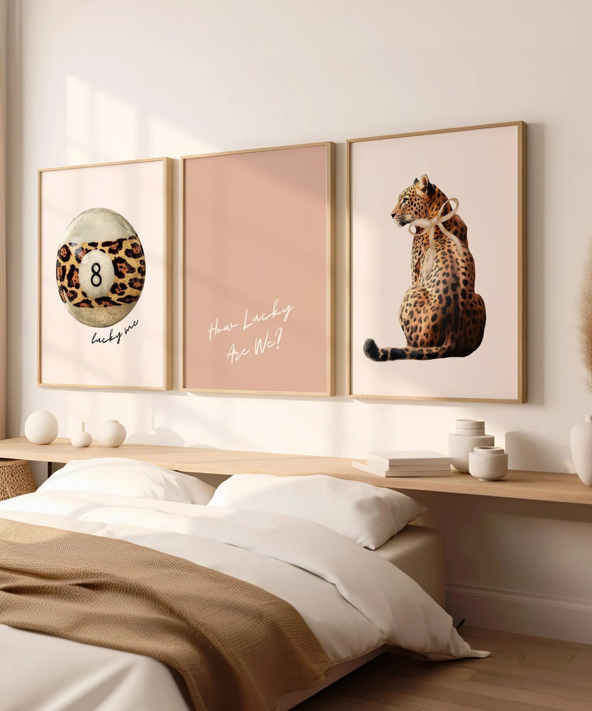 Set Of 3 Wall Art Prints Preppy Leopard Print Lucky 8 Ball Beige