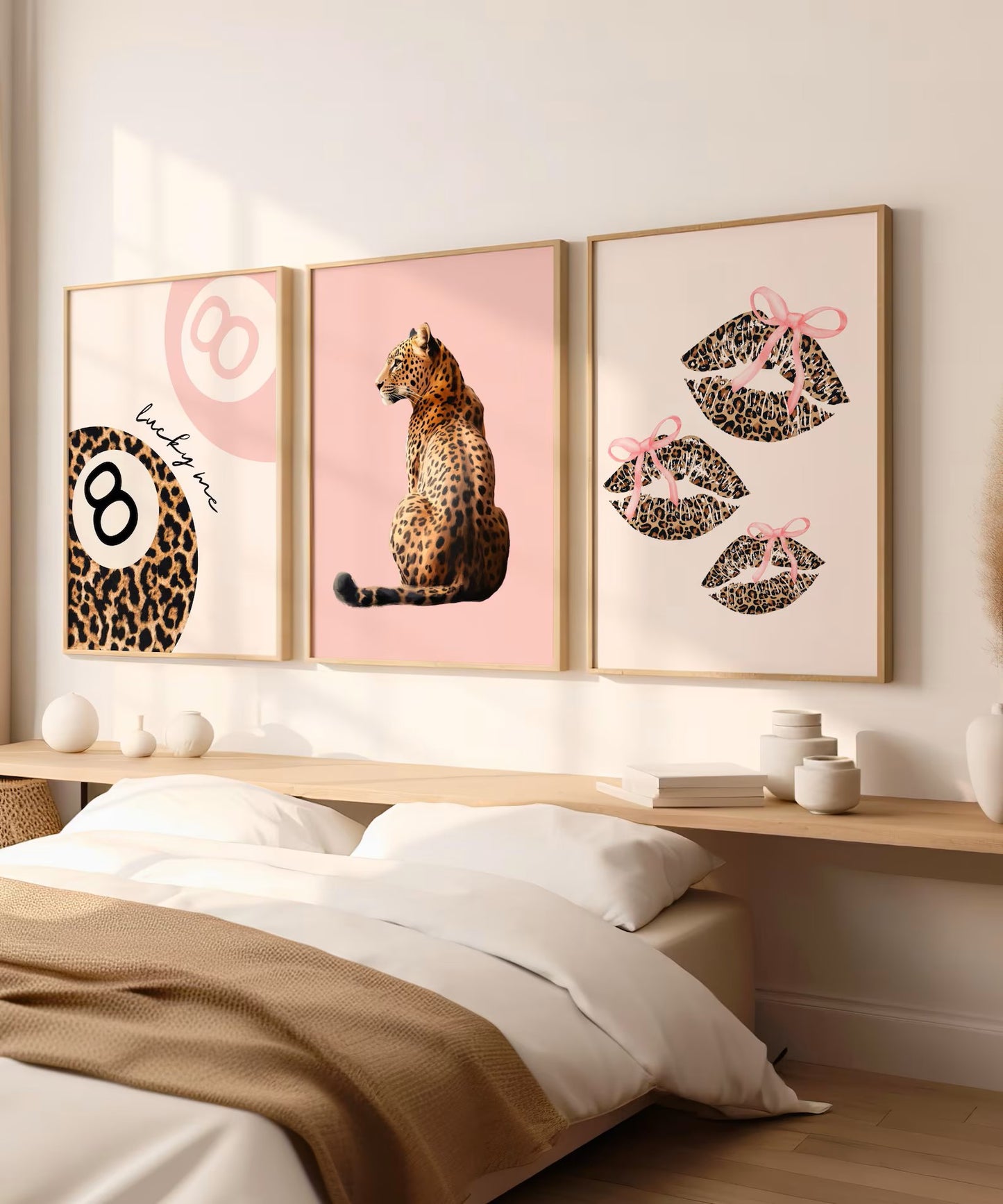 Set Of 3 Wall Art Prints Pink Trendy 8 Ball Leopard Bow Lips