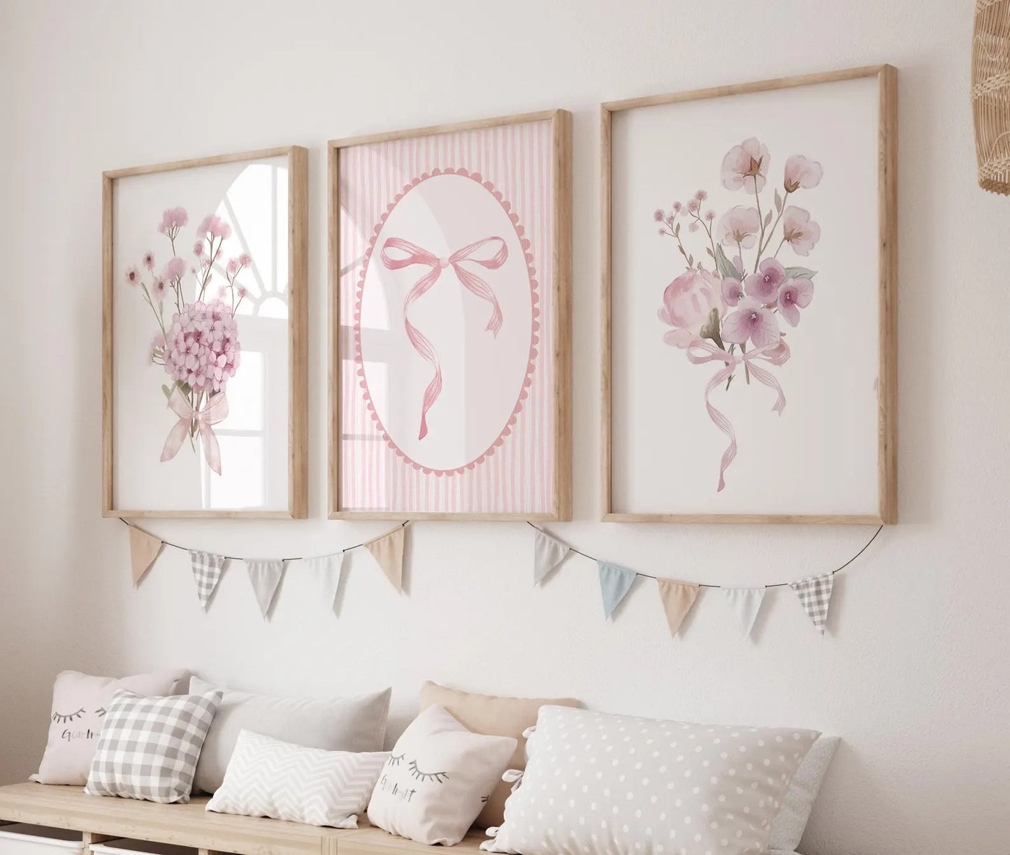 Set Of 3 Wall Art Prints Coquette Pretty Pink Floral Bows