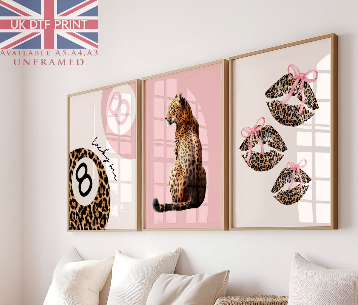 Set Of 3 Wall Art Prints Pink Trendy 8 Ball Leopard Bow Lips