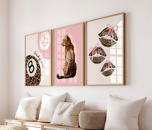 Set Of 3 Wall Art Prints Pink Trendy 8 Ball Leopard Bow Lips