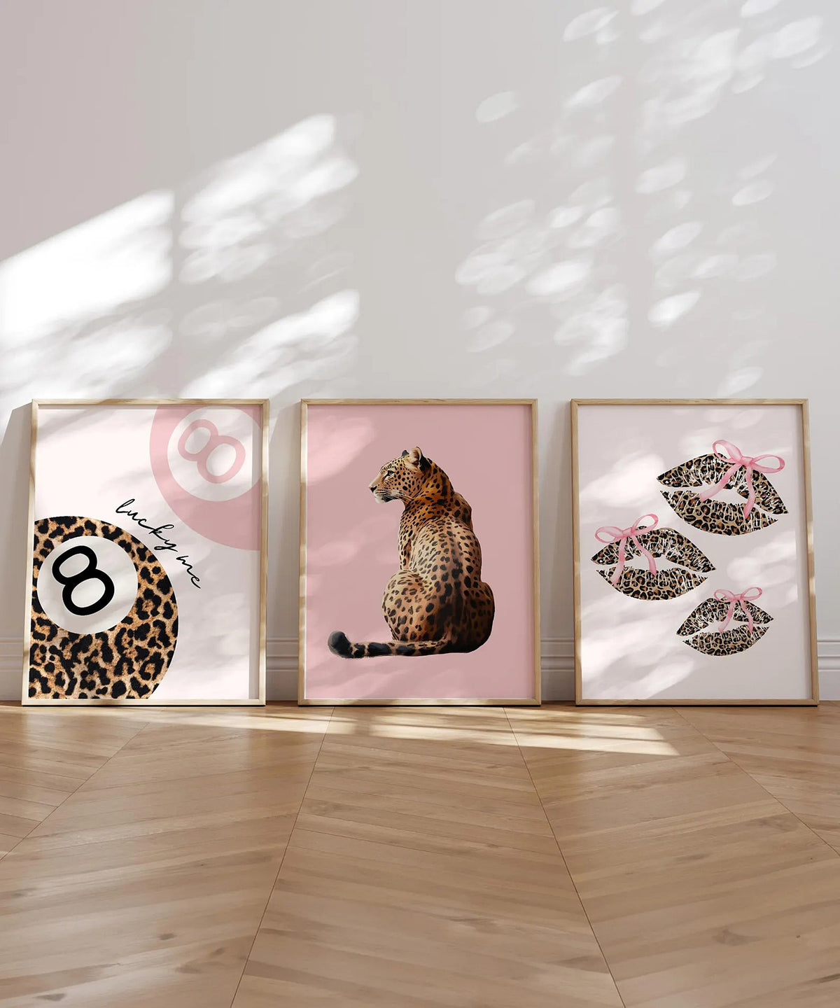 Set Of 3 Wall Art Prints Pink Trendy 8 Ball Leopard Bow Lips