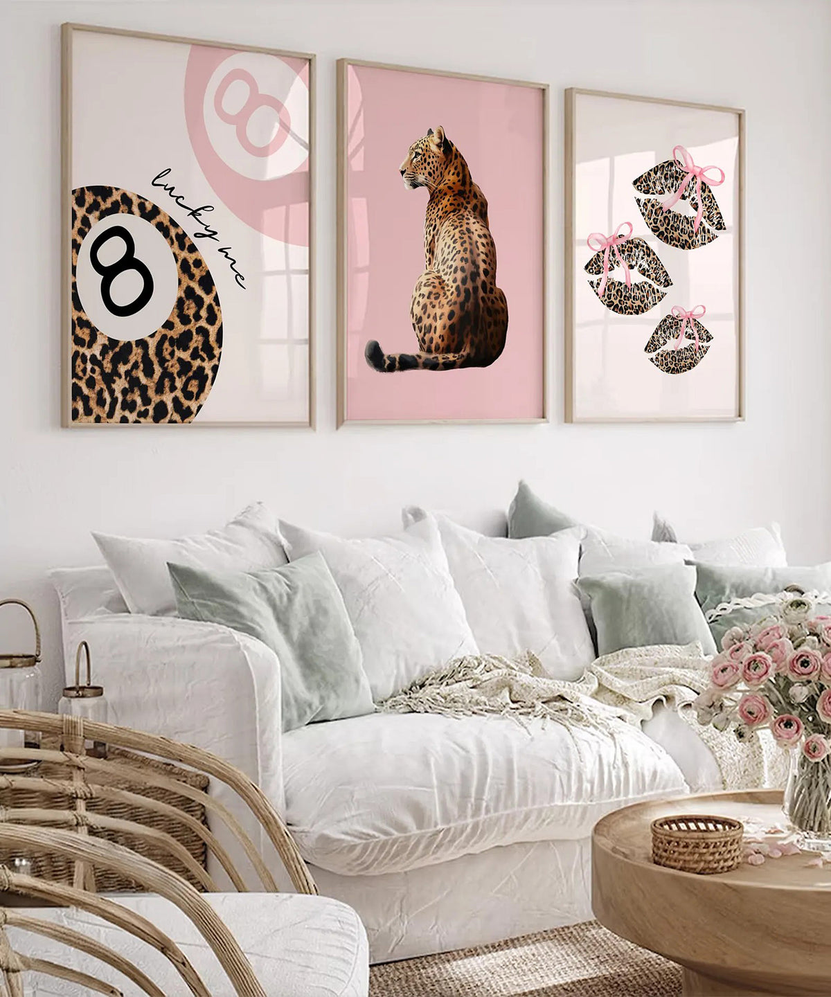 Set Of 3 Wall Art Prints Pink Trendy 8 Ball Leopard Bow Lips