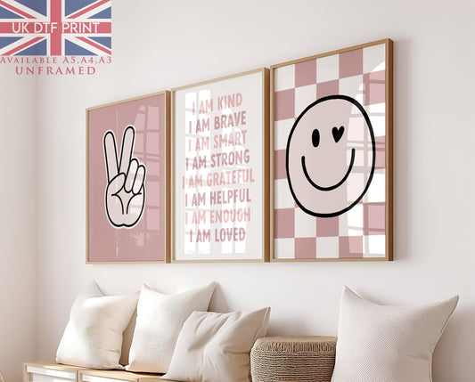 Set Of 3 Wall Art Girls Pink Positive Affirmation