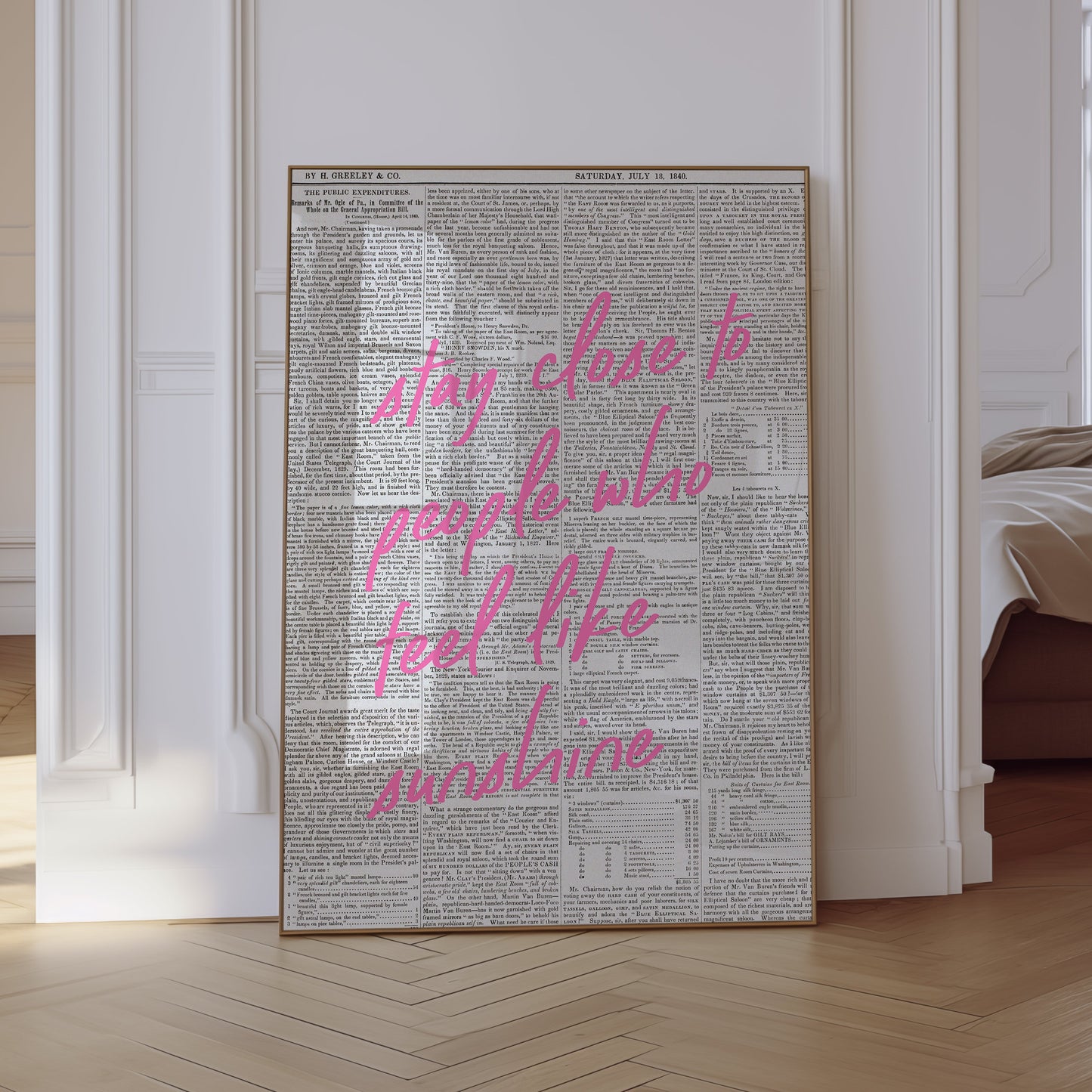 Wall Art Print Pink Quote Newspaper Background