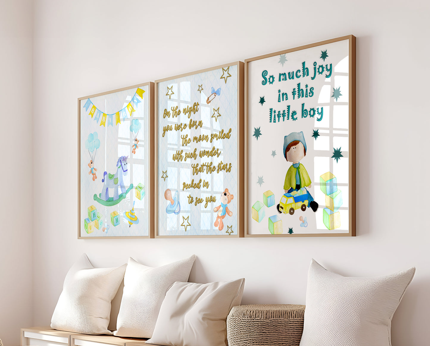 Set Of 3 Wall Art Prints Rocking Horse Little Boy