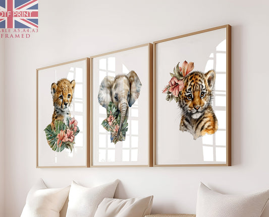 Set Of 3 Wall Art Prints Safari Floral