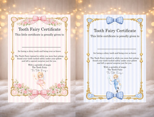 10 x A4 Tooth Fairy Certificate Blue Or Pink