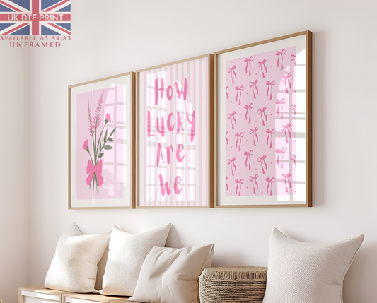 Set Of 3 Wall Art Prints Preppy Pink How Lucky Are We