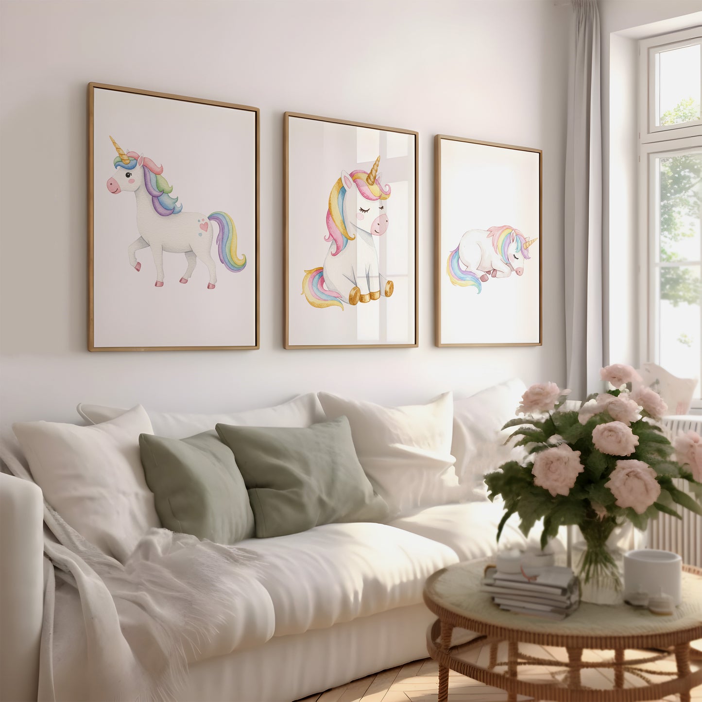 Set Of 3 Wall Art Prints Pretty Pastel Unicorns