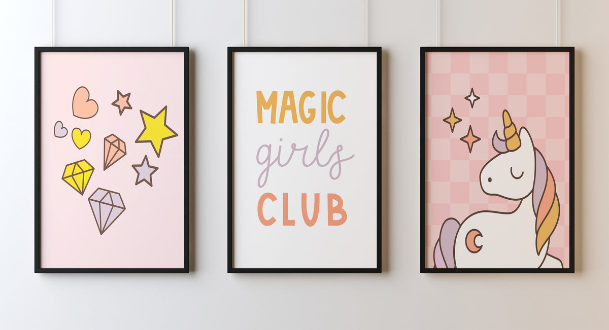 Set Of 3 Wall Art Unicorn Magic Girls Club